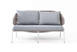 "Милан" диван 2-местный плетеный из роупа, каркас алюминий светло-серый (RAL7035) муар, роуп серый меланж круглый, ткань светло-серая