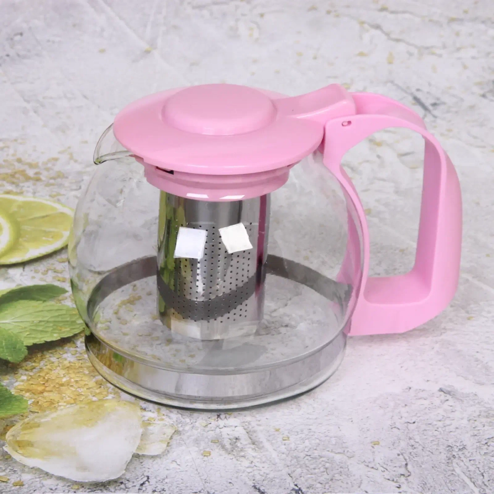 Чайник заварочный стеклянный 1200 мл с металлическим ситом «Mаcarons» розовый Селфи