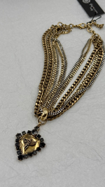 Колье кулон сердце с ангелом с флейтой, по краю черные и серые кристаллы на цепочках, золото антик