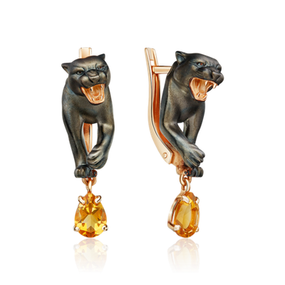 Серьги «Чёрные пантеры» с английским замком из красного золота с цитрином