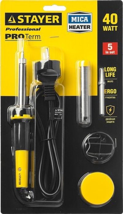 STAYER PROTerm, 40 Вт, с 2к рукояткой, конус, подставка + припой + сменное жало + канифоль, набор для паяльных работ, Professional (55312-40-H5)