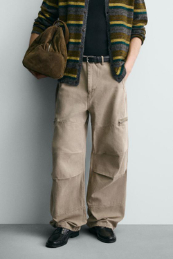 ZARA БРЮКИ-ПАРАШЮТЫ КАРГО, СЕРЫЙ