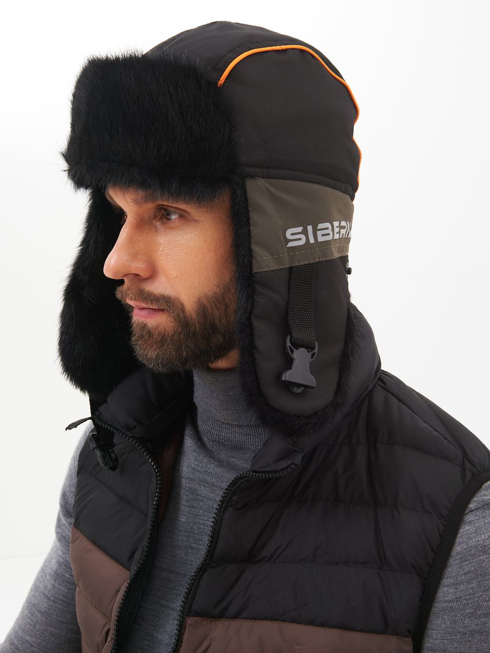 Шапка ушанка зимняя Siberia ткань Breathable цвет Хаки/Черный иск. мех Норка
