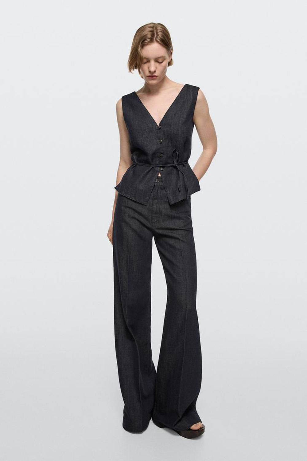 Massimo Dutti Джинсовые брюки-палаццо с высокой талией, темно-синий