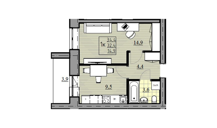 1 комнатная квартира, 32,4 м² / Чистовая отделка