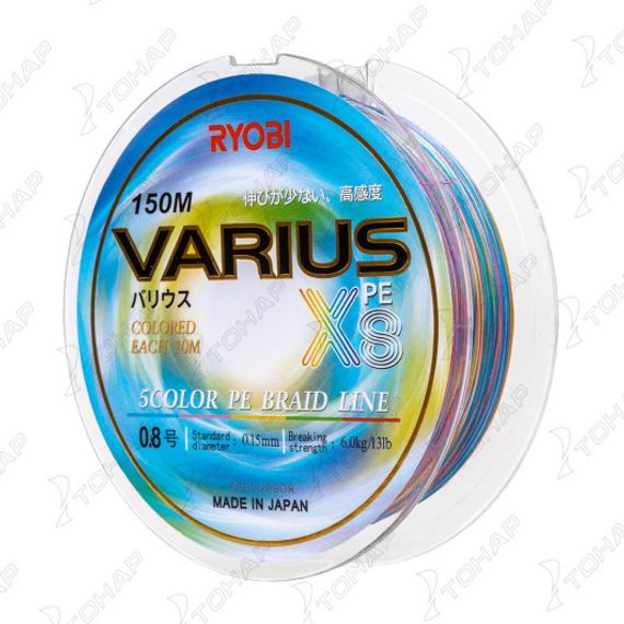 Шнур VARIUS PE8X-150MI 0.8# Multi Colour 0,148мм Ryobi