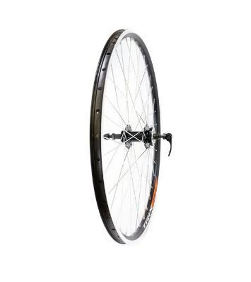 Колесо заднее 27,5" TRIX алюминиевый, двойной, 36H, фрезерованный, индикатор износа, 584х19,4/25х21,4мм, A/V, анодированный, черный, втулка алюминиевая, под ДИСК, под трещотку, эксцентрик, черная, спица серебристая