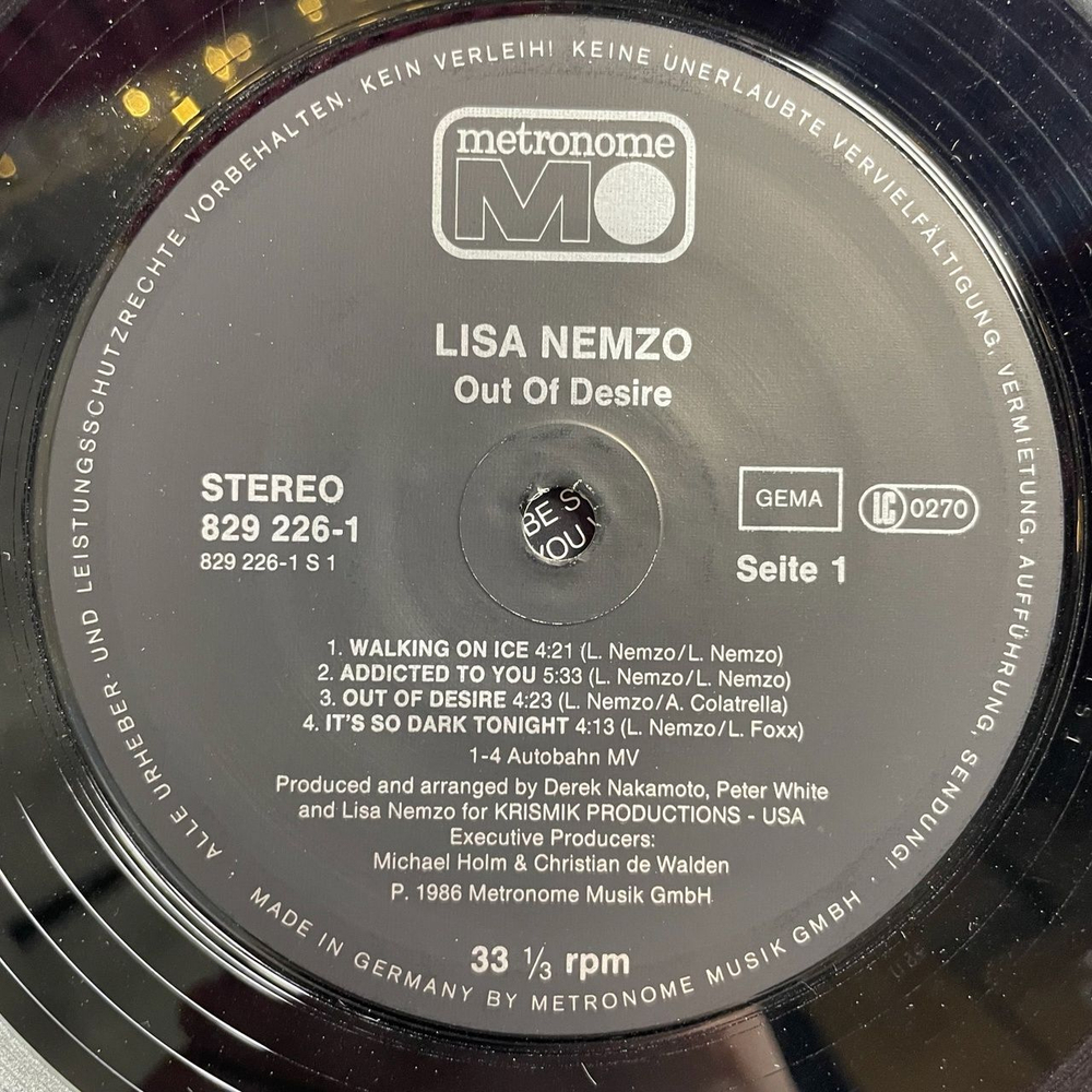 Винтажная виниловая пластинка LP Lisa Nemzo Out Of Desire (Germany 1986)