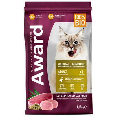Сухой корм AWARD Hairball & Indoor для взрослых кошек для выведения шерсти с уткой 1,5кг