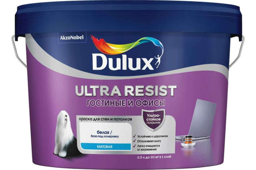 Краска для стен и потолков латексная Dulux Ultra Resist Для Гостиной и Офиса матовая база BW