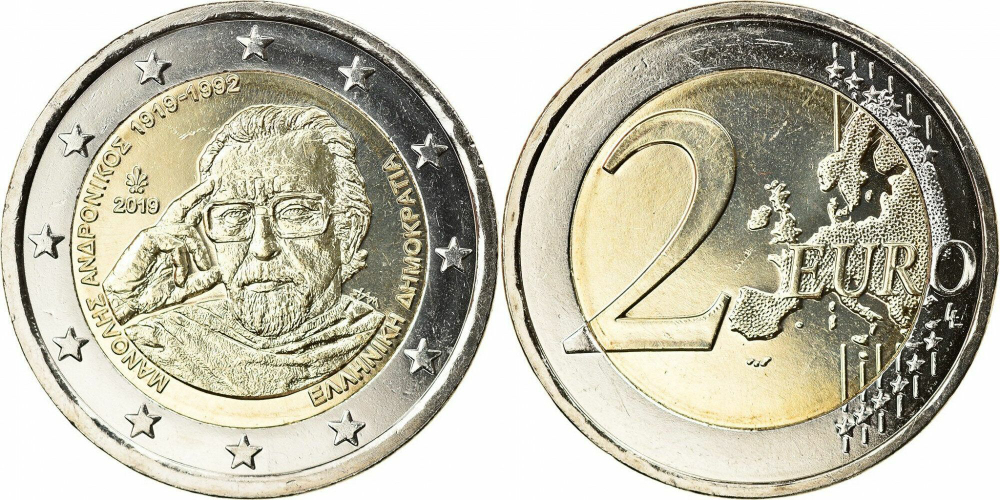 Греция 2 евро, 2019 100 лет со дня рождения Манолиса Андроникоса