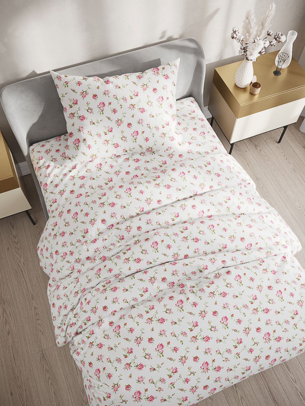 Постельное белье Сказка "Розовые бутоны" 1,5-сп Наволочка 70х70 см 1 шт Простынь 150х215 см Пододеяльник 145х215 см, перкаль