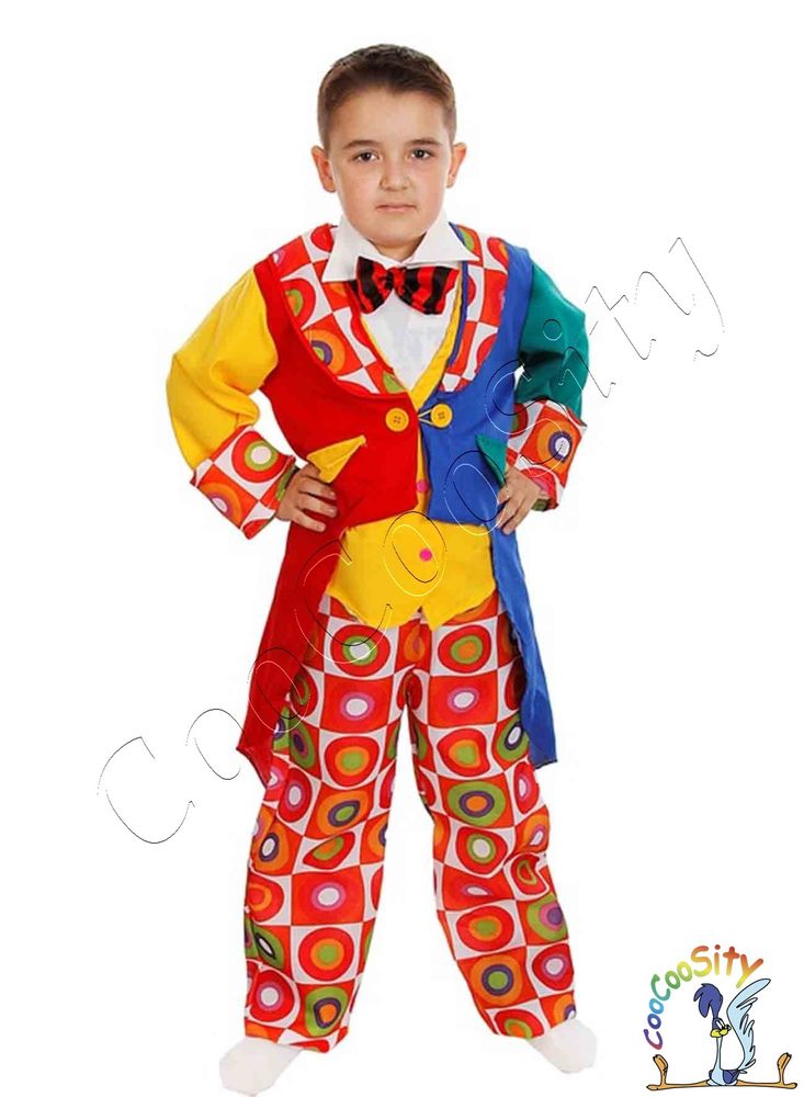 костюм Веселый клоун, детский р-р M 120-130 см, 7-9 лет (комбинезон, пиджак, шапка)
