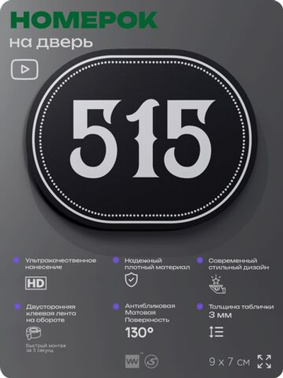 Номерок на дверь квартиры 515, для кабинета, офиса, шильдик 9 х 7 см, черный, Айдентика Технолоджи