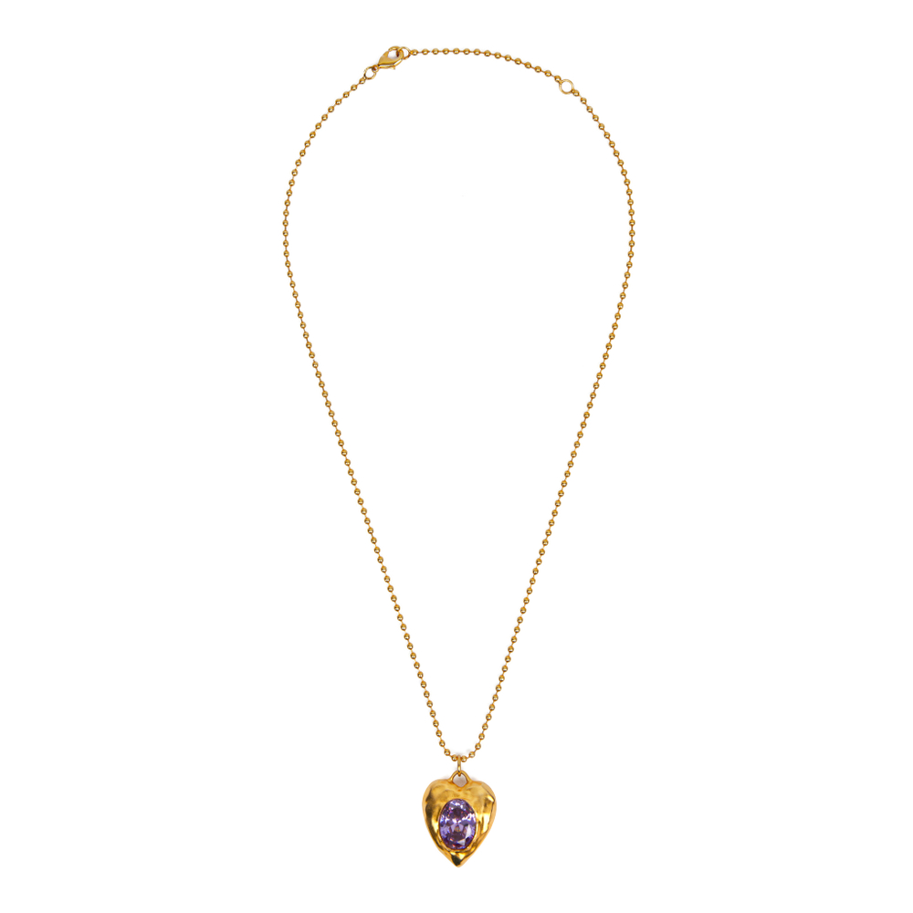 Колье золотая цепь, сердце фиолетовый камень