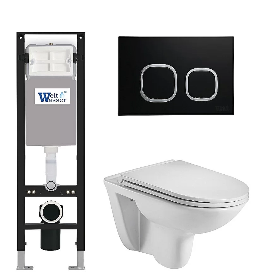 Унитаз подвесной WeltWasser AMBERG 350 + BAARBACH 004 GL-WT + AMBERG RD-BL белый глянцевый, безободковый, с крышкой микролифт, с инсталляцией и черной кнопкой