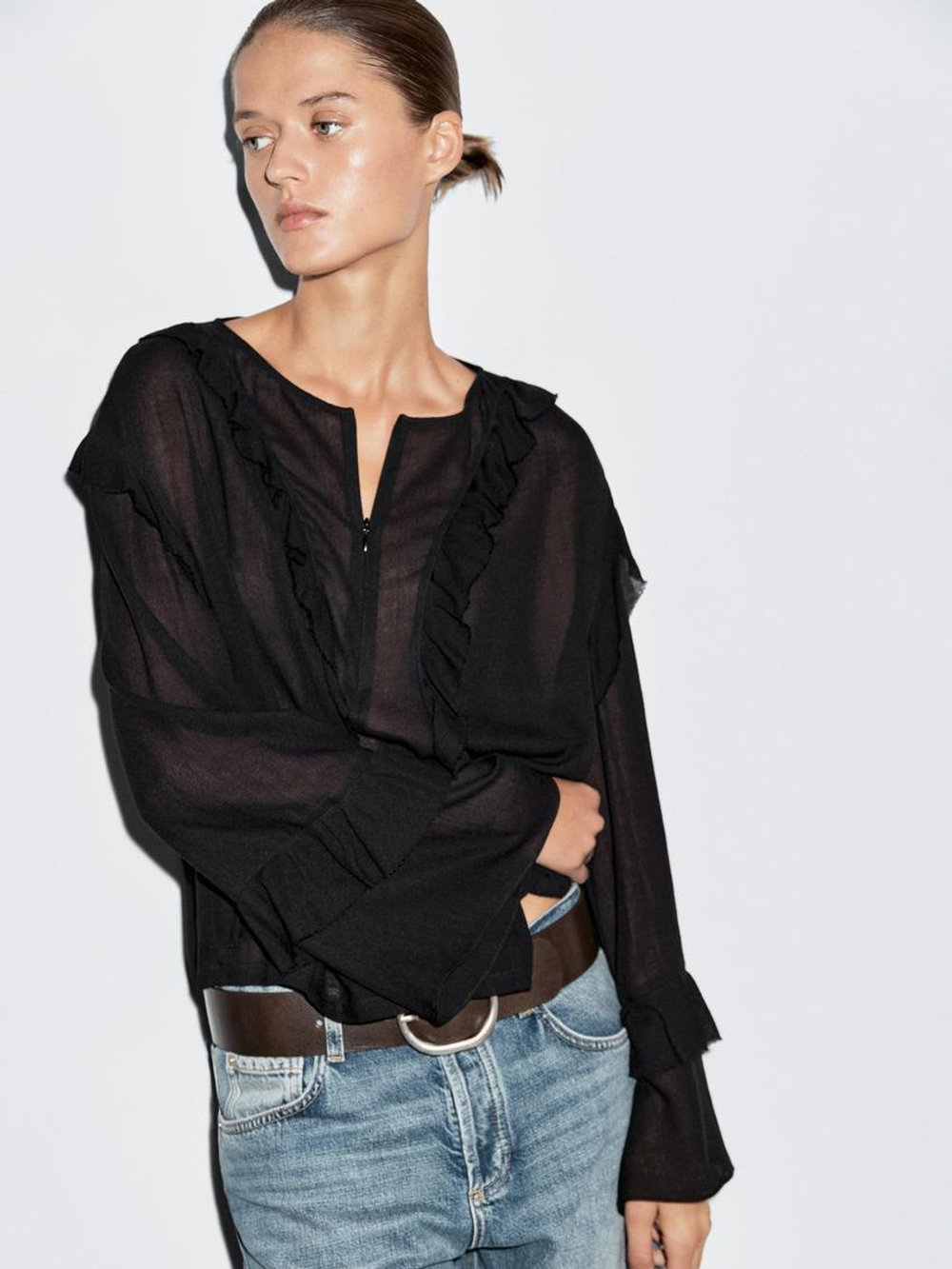 Massimo Dutti Блуза из струящейся ткани с воланами и молнией, черный