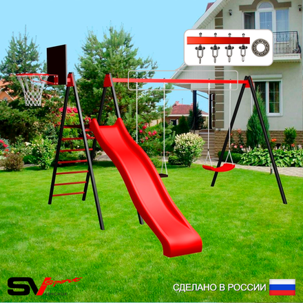 Уличные качели Sv Sport с горкой УК195КП2 (3.7м/Щит баскет/"Лодочка"/Деревянные/Подвесы на подш 2к)