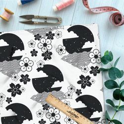 Ткань кулирная гладь чёрно-белые японские декорации