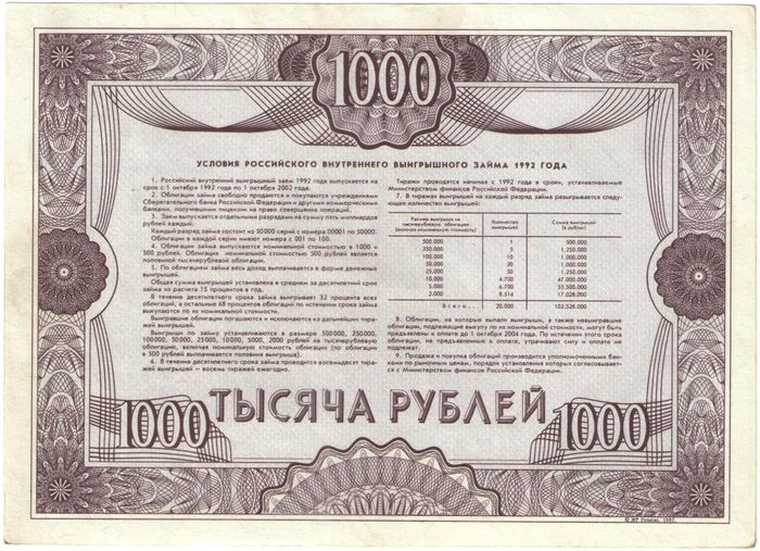 Облигация 1 000 рублей 1992 Российский внутренний выигрышный заем