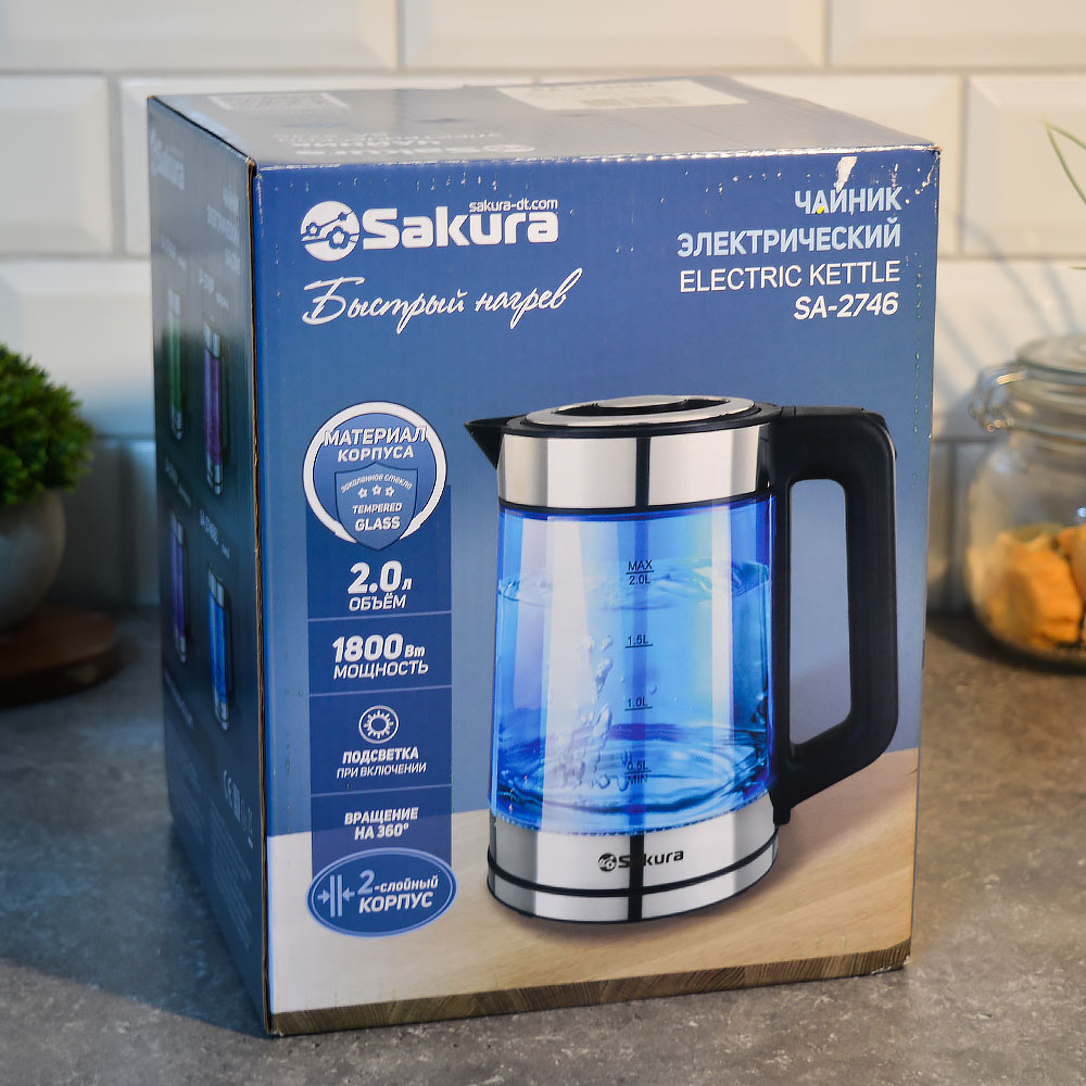 Чайник электрический 2л Sakura SA-2746BL, стеклянный с точечной подсветкой
