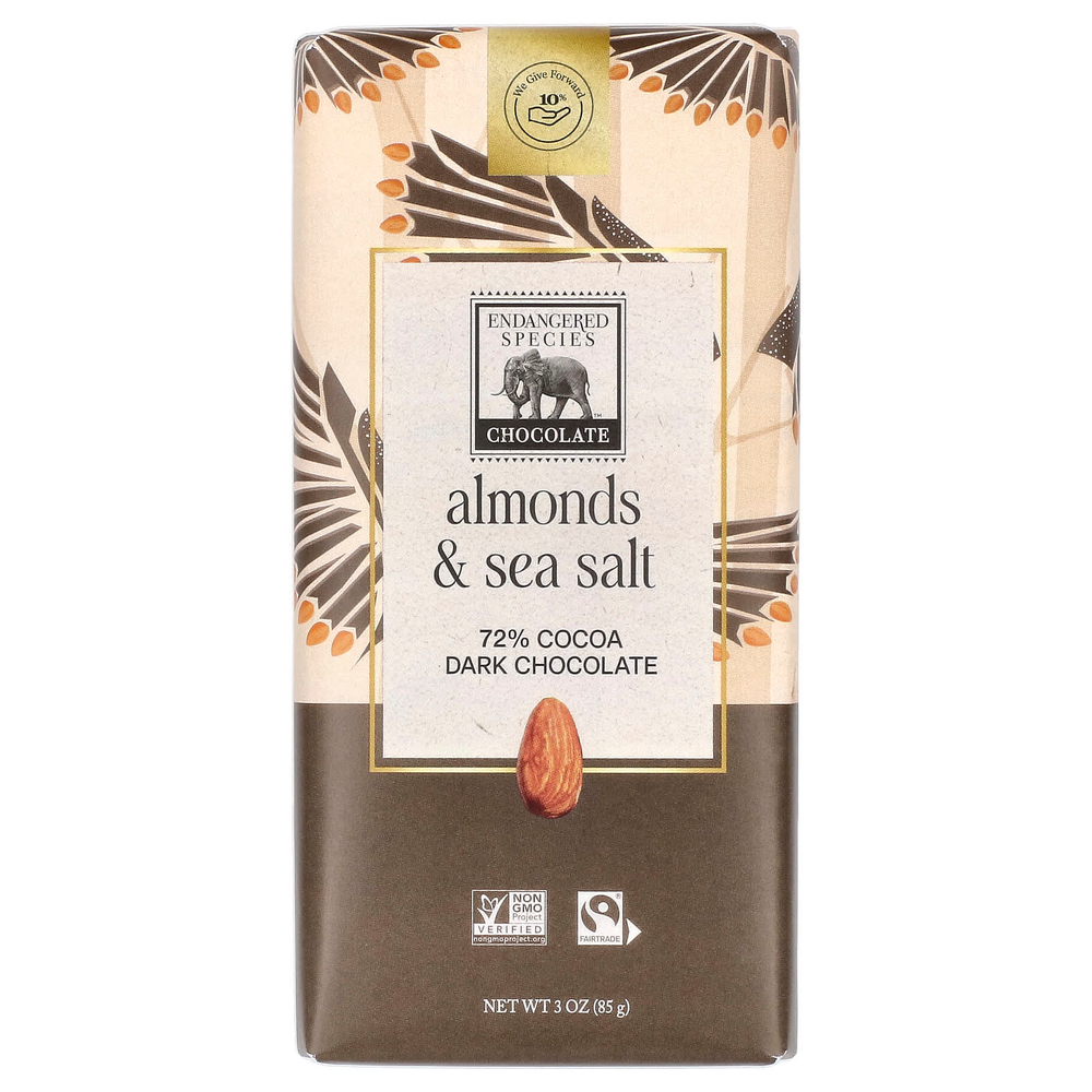 Endangered Species Chocolate, тёмный шоколад с миндалём и морской солью, 72% какао, 85 г (3 унции)