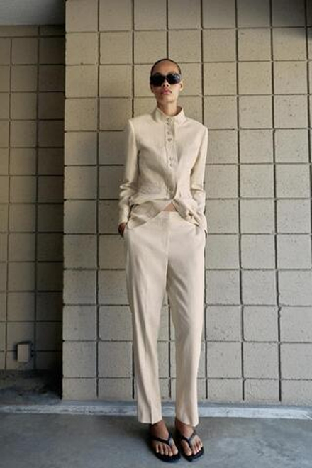 ZARA ЗАУЖЕННЫЕ БРЮКИ ИЗ СМЕСОВОГО ЛЬНА, СВЕТЛО-БЕЖЕВЫЙ