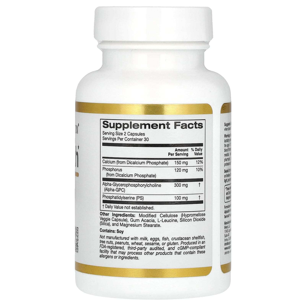 California Gold Nutrition, добавка для здоровья мозга с альфа-глицерофосфорилхолином, кальцием, фосфором и фосфатидилсерином, 60 растительных капсул