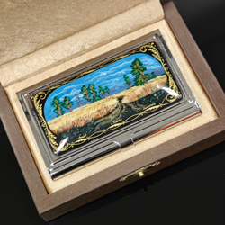 Визитница металлическая персональная "Картина Шишкина" (ручная роспись Палех)