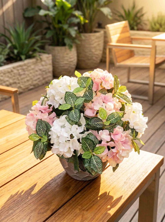 Гортензия бело-розовая в горшке искусственная, 2 куста