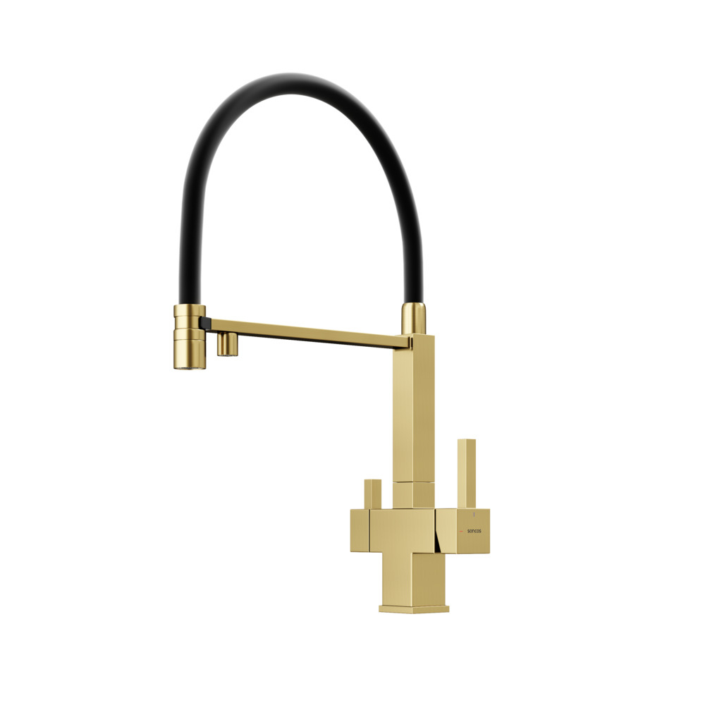 Смеситель для кухни Sancos Moro с гибким изливом, цвет брашированное золото/черный, PVD покрытие, арт. SC4006BG