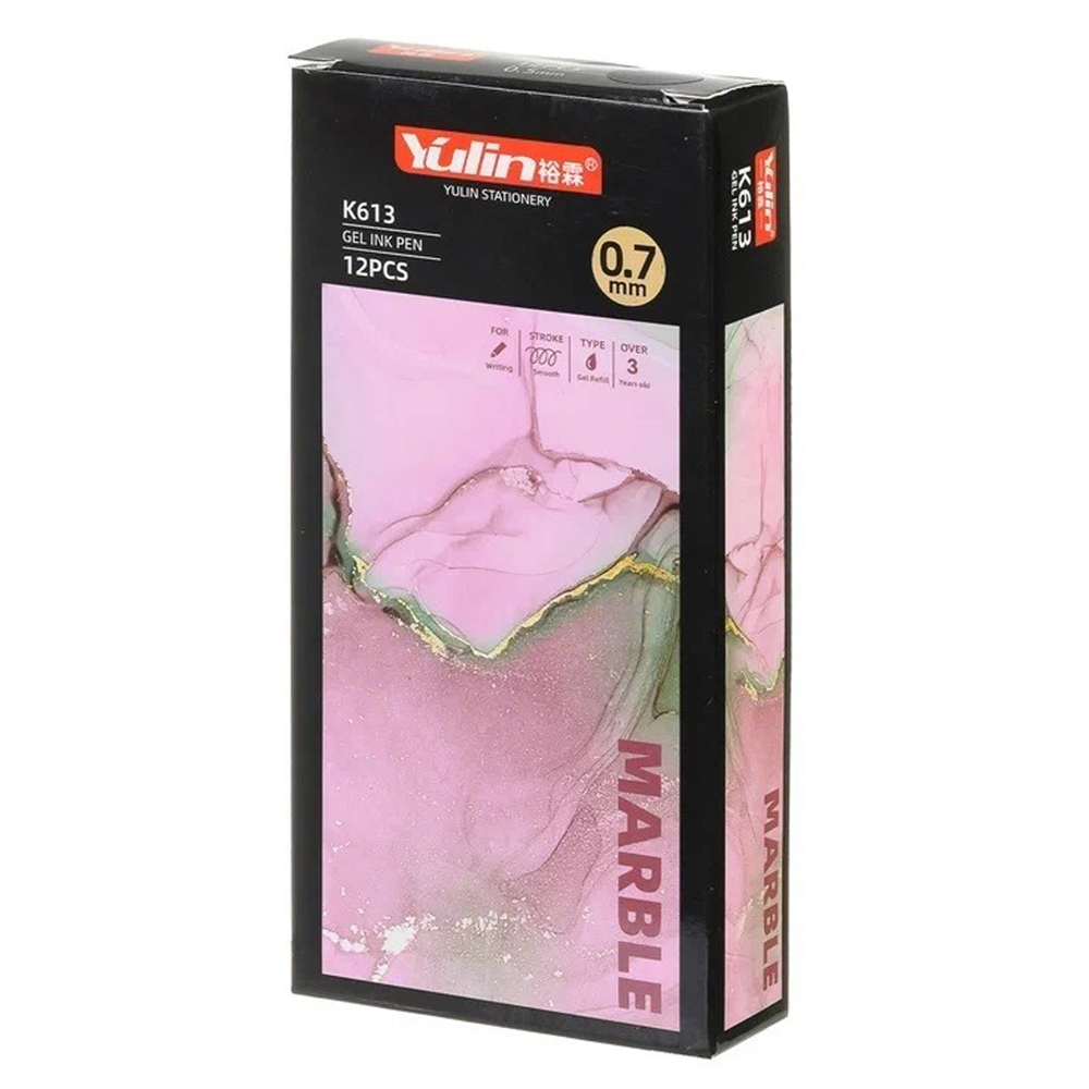Набор чёрных гелевых ручек для письма 12 шт, Yulin, красивые подарочные ручки для школы и учебы с мраморным рисунком, наконечник 0.7 мм, чернила чёрного цвета