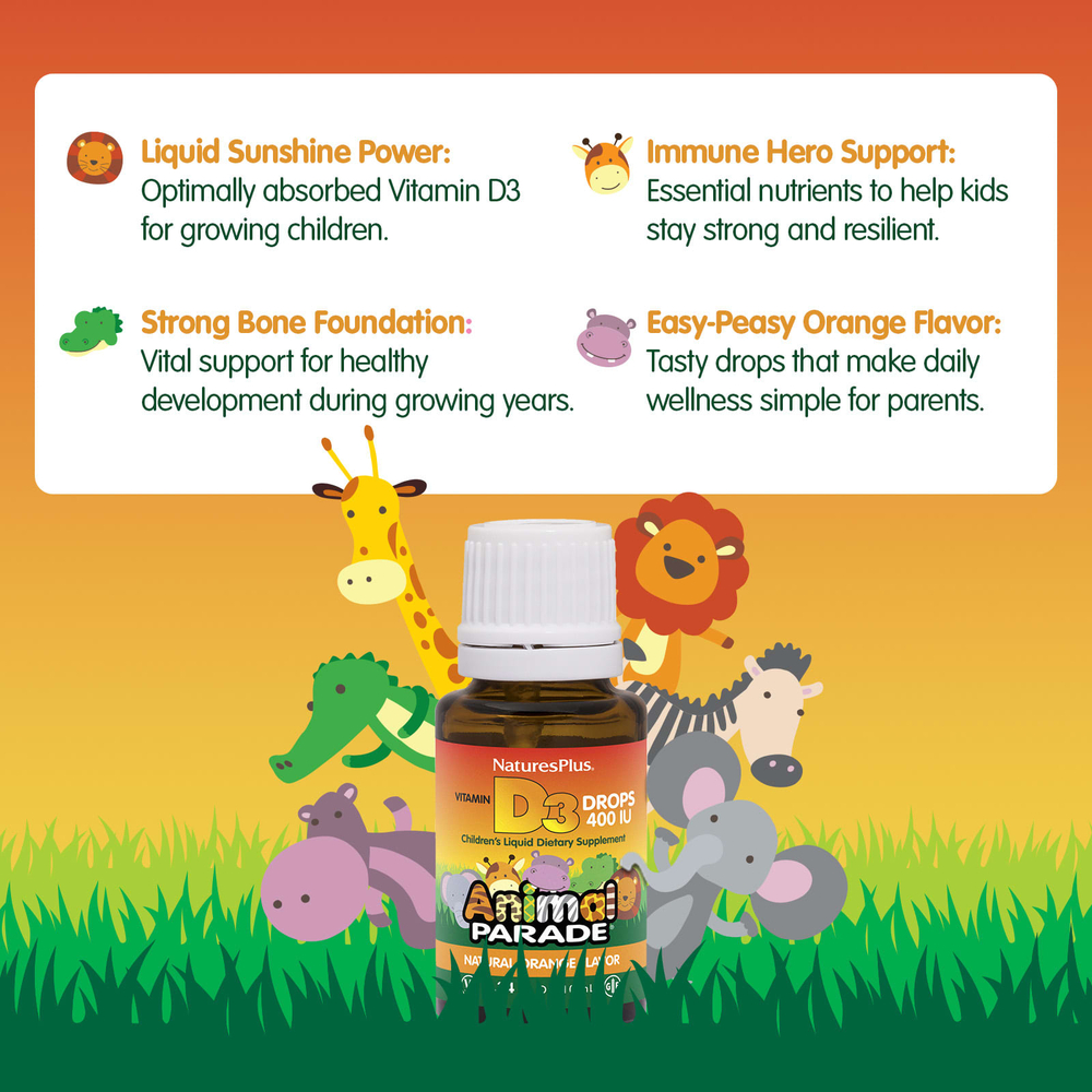 NaturesPlus, Animal Parade®, витамин D3 в каплях, с натуральным апельсиновым вкусом, 10 мкг (400 МЕ), 10 мл (0,34 жидк. унции)