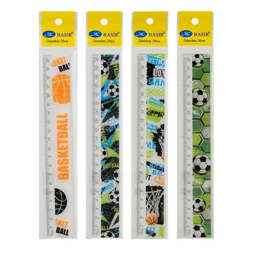 Линейка Basir пластиковая, серия "Спорт", с рисунком мячиков на корпусе, 20 см