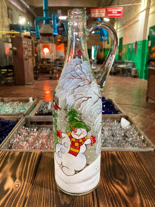 Бутыль "Литр" ручка, 1л. прозрачное стекло, Снеговик №1