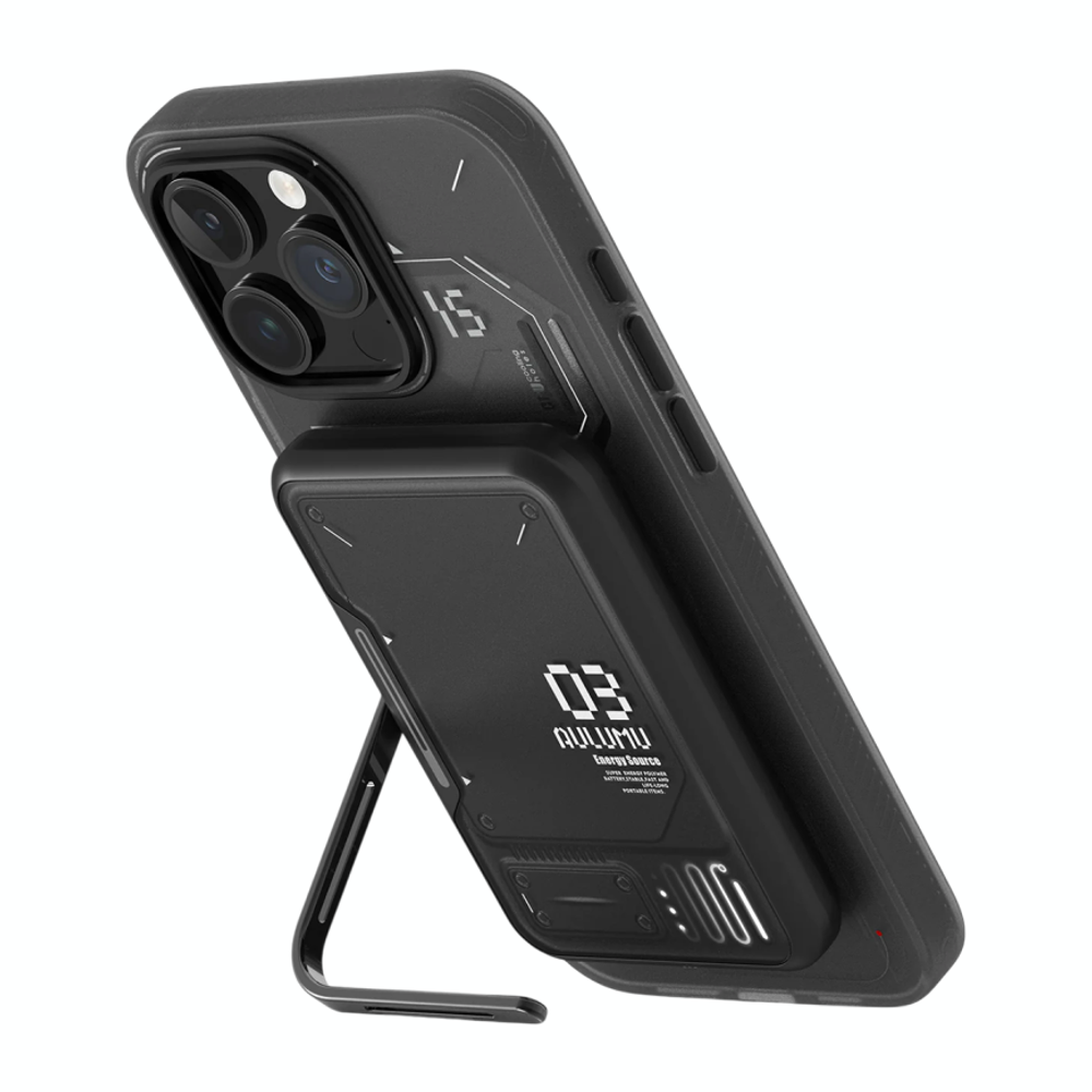 Внешний аккумулятор MagSafe с подставкой Aulumu M03 Battery Pack (3500 мА·ч) Внешний аккумулятор в футуристическом стиле | Беспроводная зарядка: Qi 5 Вт. Проводная зарядка: нет. Есть LED-индикация. Энергоёмкость — 12,95 Вт·ч