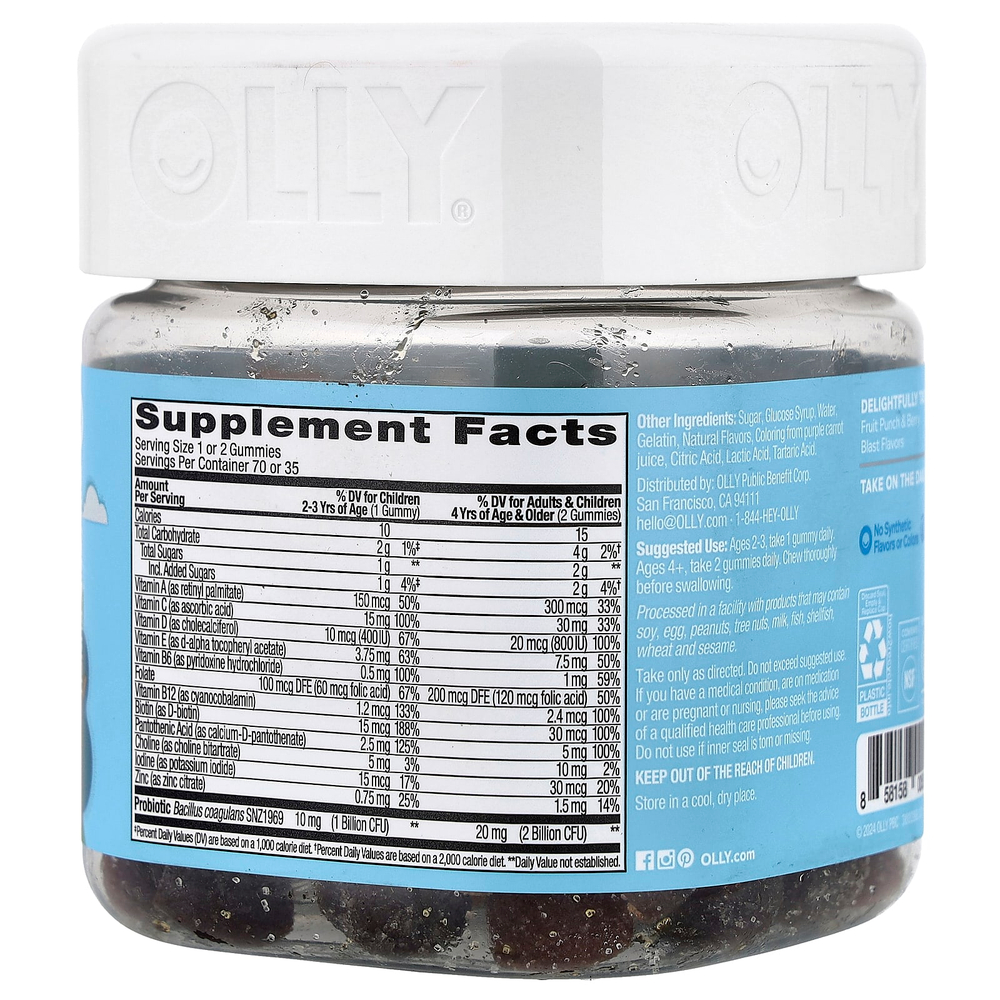 OLLY, детские жевательные мультивитамины и пробиотики, со вкусом ягодного пунша, 70 жевательных таблеток