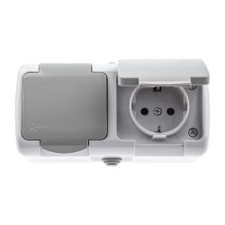 Розетка Intro Atlantic 5-204-03 двойная с заземлением 2х2P+E Schuko шторки, 16А-250В, IP54, открытой установки, серый | Intro