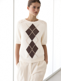 Massimo Dutti Трикотажный свитер с короткими рукавами и ромбами, натуральный/кремовый
