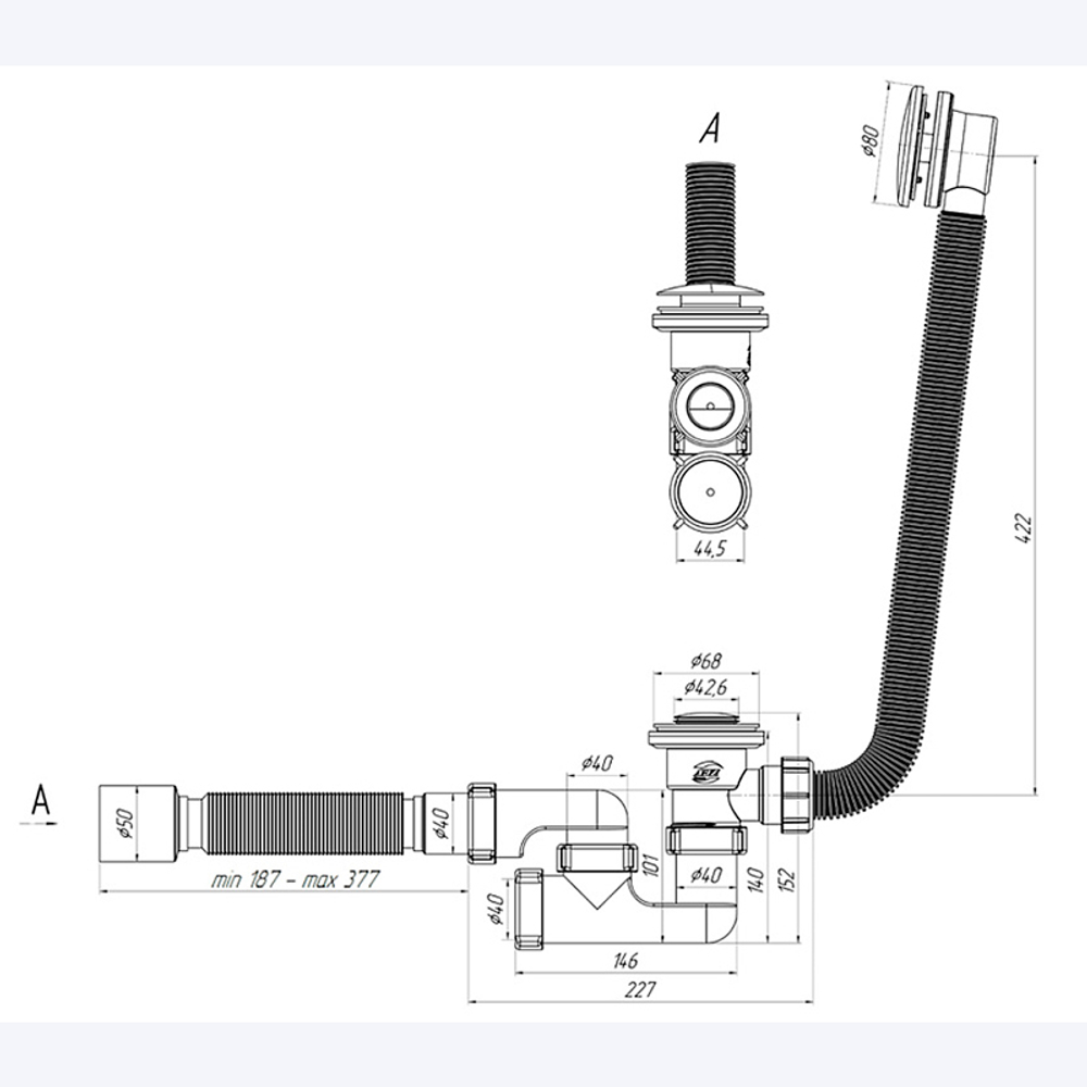 Сифон для ванны АНИ Пласт EC255BL 1 1/2 дюйма 40 мм клик-клак с переливом и гибкой трубой 40х50 мм (EC255BL)