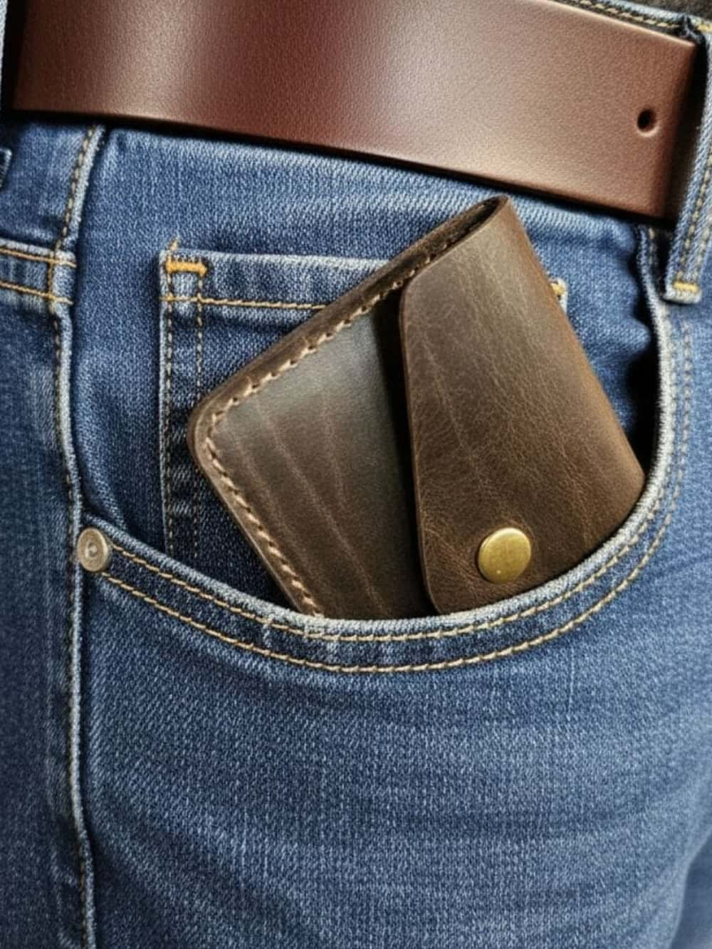 Фото картхолдера из натуральной кожи тёмно-коричневого цвета с застёжкой кнопкой в кармане