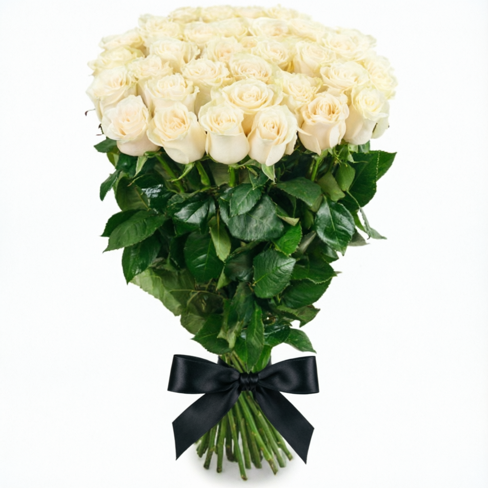 Траурный букет из 30 белых роз, перевязанный чёрной лентой