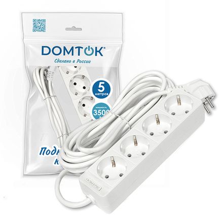 Удлинитель бытовой "DOMTOK" 4гн., ПВС 3*1, 3,5кВт, с/з 5м (1/30)
