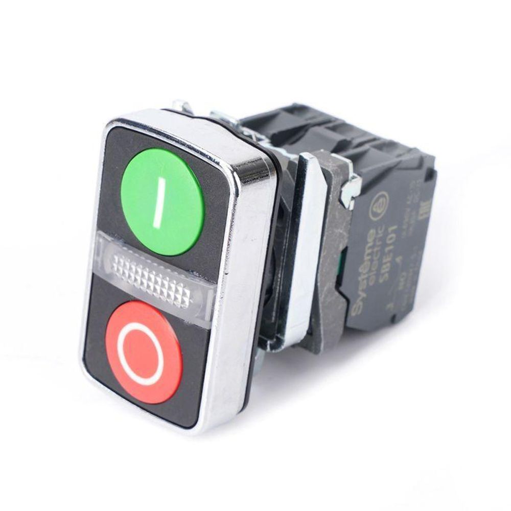 Кнопка двойная SB4 в сборе модуль 22мм зел."I"+сигнал. лампа+красн."О" металл 24ВDC 1НО+1НЗ SE SB4BW7A3741B5