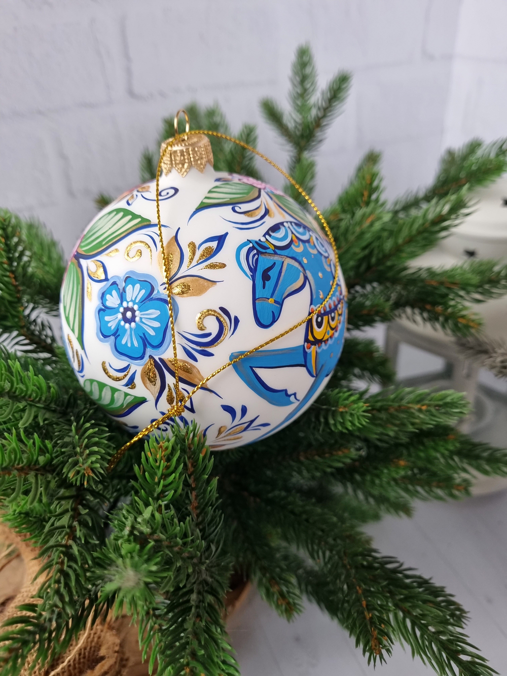 Шар стеклянный "Городецкая роспись" с лошадкой