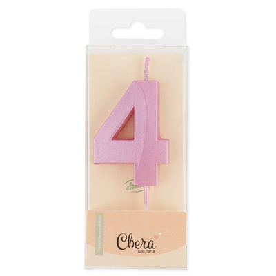 Свеча Цифра, 4 Грани, Розовый, Перламутр, 4,2*6 + 4,5 см, 1 шт. с держат.,