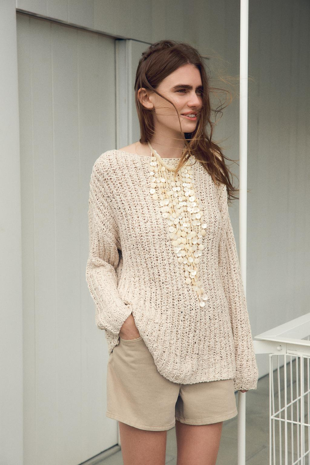 ZARA СВИТЕР КОНТРАСТНОЙ ВЯЗКИ, ЭКРЮ