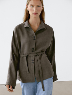 Massimo Dutti Куртка из смесового льна с воротником-стойкой, кротово-коричневый