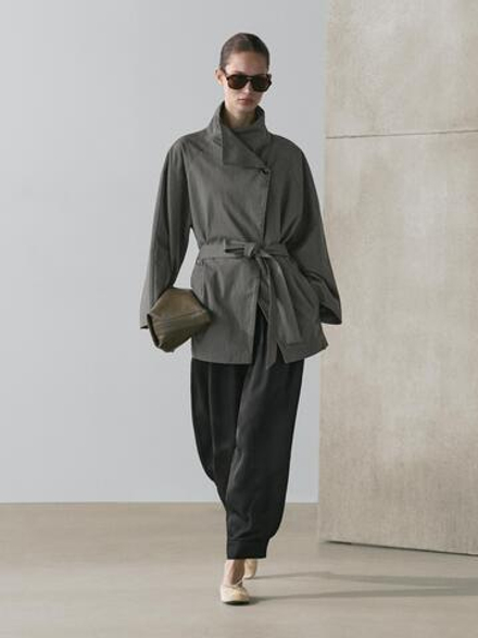 Massimo Dutti Короткий тренч из смесового хлопка с поясом, средне-синий