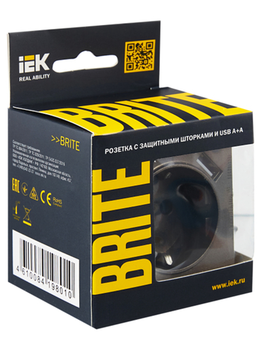 BRITE Розетка 1-местная с заземлением с защитными шторками 16А с USB A+A 5В 2,1А РЮш10-1-БрТБ темная бронза IEK